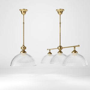 Brass chandelier with three ribbed glass shades, classic and adjustable design for sophisticated interiors by Ghidini 1849 - Finish: OBS Bronze Satin Brass