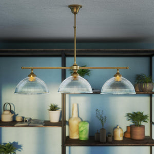 Brass chandelier with three ribbed glass shades, classic and adjustable design for sophisticated interiors by Ghidini 1849 - Finish: OBS Bronze Satin Brass