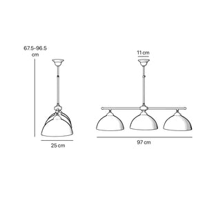 Brass chandelier with three ribbed glass shades, classic and adjustable design for sophisticated interiors by Ghidini 1849