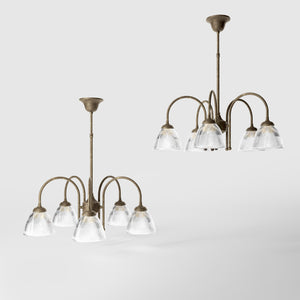 Five light chandelier brass ribbed glass clear neoclassical design dining room Italian Ghidini 1849 - Finish: OAS Antique Brass