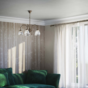 Five light chandelier brass ribbed glass clear neoclassical design dining room Italian Ghidini 1849 - Finish: OAS Antique Brass