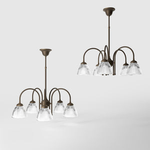 Five light chandelier brass ribbed glass clear neoclassical design dining room Italian Ghidini 1849 - Finish: OBM Bronze Satin Matt Brass