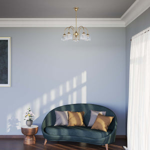 Five light chandelier brass ribbed glass clear neoclassical design dining room Italian Ghidini 1849 - Finish: OBS Bronze Satin Brass