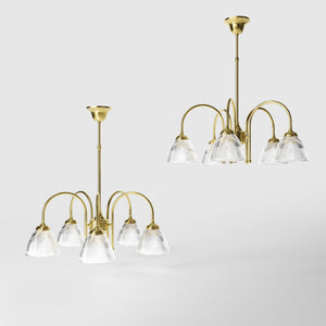 Five light chandelier brass ribbed glass clear neoclassical design dining room Italian Ghidini 1849 - Finish: OLV Polished Brass