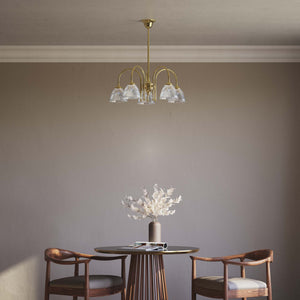 Five light chandelier brass ribbed glass clear neoclassical design dining room Italian Ghidini 1849 - Finish: OLV Polished Brass