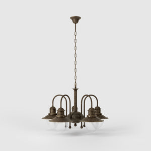 Brass and glass chandelier with 5 curved arms and clear diffusers, Italian design inspired by historic harbor lanterns by Ghidini 1849 - Finish: OAS Antique Brass