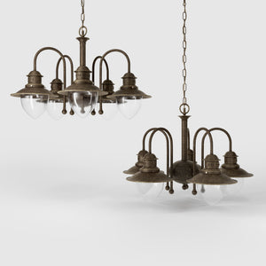 Brass and glass chandelier with 5 curved arms and clear diffusers, Italian design inspired by historic harbor lanterns by Ghidini 1849 - Finish: OAS Antique Brass