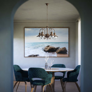 Brass and glass chandelier with 5 curved arms and clear diffusers, Italian design inspired by historic harbor lanterns by Ghidini 1849 - Finish: OAS Antique Brass