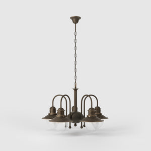 Brass and glass chandelier with 5 curved arms and clear diffusers, Italian design inspired by historic harbor lanterns by Ghidini 1849 - Finish: OBM Bronze Satin Matt Brass