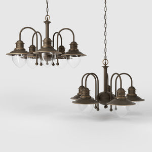 Brass and glass chandelier with 5 curved arms and clear diffusers, Italian design inspired by historic harbor lanterns by Ghidini 1849 - Finish: OBM Bronze Satin Matt Brass