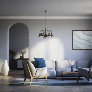 Brass and glass chandelier with 5 curved arms and clear diffusers, Italian design inspired by historic harbor lanterns by Ghidini 1849 - Finish: OBM Bronze Satin Matt Brass