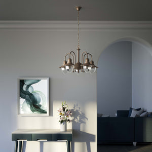 Brass and glass chandelier with 5 curved arms and clear diffusers, Italian design inspired by historic harbor lanterns by Ghidini 1849 - Finish: OBM Bronze Satin Matt Brass
