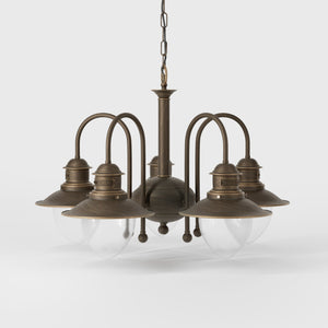 Brass and glass chandelier with 5 curved arms and clear diffusers, Italian design inspired by historic harbor lanterns by Ghidini 1849 - Finish: OBM Bronze Satin Matt Brass