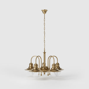 Brass and glass chandelier with 5 curved arms and clear diffusers, Italian design inspired by historic harbor lanterns by Ghidini 1849 - Finish: OBS Bronze Satin Brass