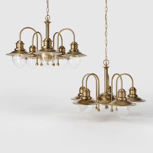 Brass and glass chandelier with 5 curved arms and clear diffusers, Italian design inspired by historic harbor lanterns by Ghidini 1849 - Finish: OBS Bronze Satin Brass