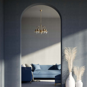 Brass and glass chandelier with 5 curved arms and clear diffusers, Italian design inspired by historic harbor lanterns by Ghidini 1849 - Finish: OBS Bronze Satin Brass