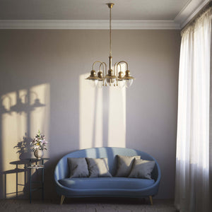 Brass and glass chandelier with 5 curved arms and clear diffusers, Italian design inspired by historic harbor lanterns by Ghidini 1849 - Finish: OBS Bronze Satin Brass