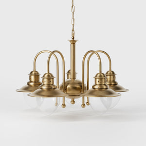 Brass and glass chandelier with 5 curved arms and clear diffusers, Italian design inspired by historic harbor lanterns by Ghidini 1849 - Finish: OBS Bronze Satin Brass