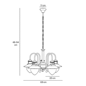 Brass and glass chandelier with 5 curved arms and clear diffusers, Italian design inspired by historic harbor lanterns by Ghidini 1849