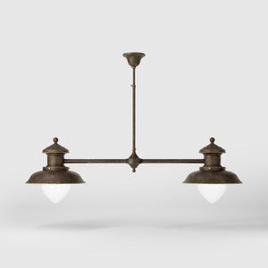 Brass beam suspension with two glass diffusers and adjustable rod, Italian design inspired by historic pier lanterns by Ghidini 1849 - Finish: OAS Antique Brass