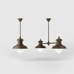 Brass beam suspension with two glass diffusers and adjustable rod, Italian design inspired by historic pier lanterns by Ghidini 1849 - Finish: OAS Antique Brass