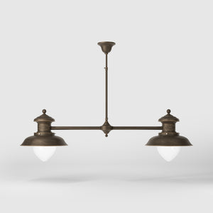 Brass beam suspension with two glass diffusers and adjustable rod, Italian design inspired by historic pier lanterns by Ghidini 1849 - Finish: OBM Bronze Satin Matt Brass