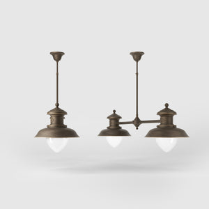 Brass beam suspension with two glass diffusers and adjustable rod, Italian design inspired by historic pier lanterns by Ghidini 1849 - Finish: OBM Bronze Satin Matt Brass