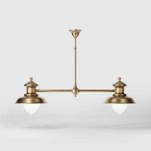 Brass beam suspension with two glass diffusers and adjustable rod, Italian design inspired by historic pier lanterns by Ghidini 1849 - Finish: OBS Bronze Satin Brass