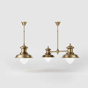 Brass beam suspension with two glass diffusers and adjustable rod, Italian design inspired by historic pier lanterns by Ghidini 1849 - Finish: OBS Bronze Satin Brass