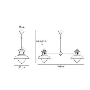 Brass beam suspension with two glass diffusers and adjustable rod, Italian design inspired by historic pier lanterns by Ghidini 1849
