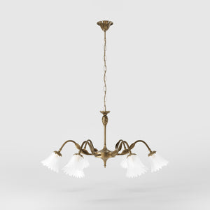 Classic brass chandelier with six arms and frosted glass flower-shaped shades by Ghidini 1849 - Finish: OBS Bronze Satin Brass
