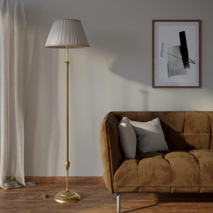 Classic floor lamp Simona collection with decorated brass stem and large pleated ivory white fabric lampshade on ornamental base by Ghidini 1849 - Finish: OBS Bronze Satin Brass