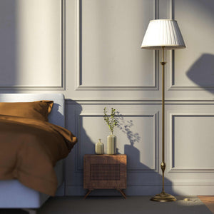 Classic floor lamp Simona collection with decorated brass stem and large pleated ivory white fabric lampshade on ornamental base by Ghidini 1849 - Finish: OBS Bronze Satin Brass