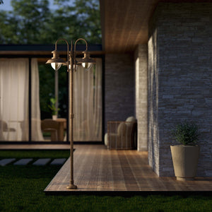 Complete outdoor post lamp with pole featuring three teardrop glass diffusers and brass structure from Amalfi collection by Ghidini 1849 - Finish: OAS Antique Brass