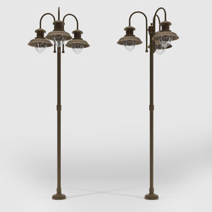 Complete outdoor post lamp with pole featuring three teardrop glass diffusers and brass structure from Amalfi collection by Ghidini 1849 - Finish: OBM Bronze Satin Matt Brass
