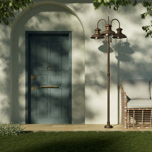 Complete outdoor post lamp with pole featuring three teardrop glass diffusers and brass structure from Amalfi collection by Ghidini 1849 - Finish: OBM Bronze Satin Matt Brass