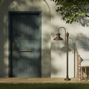 Complete outdoor post lamp with pinecone-shaped glass diffuser and brass structure from the Amalfi collection by Ghidini 1849 - Finish: OBM Bronze Satin Matt Brass