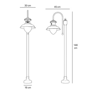 Complete outdoor post lamp with pinecone-shaped glass diffuser and brass structure from the Amalfi collection by Ghidini 1849