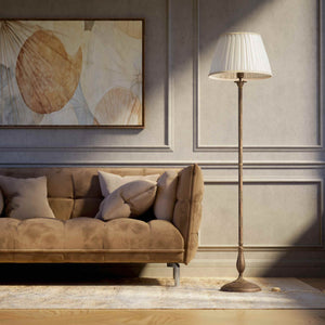 Classic brass floor lamp with braided stem ivory white pleated shade and elegant decorative base - Finish: OAS Antique Brass