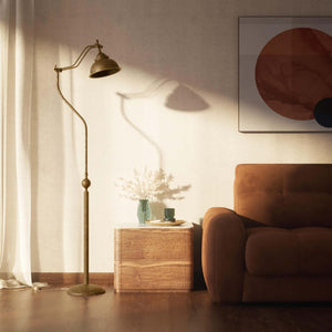 Industrial style brass floor lamp with adjustable articulated arm and conical shade, vintage design Made in Italy by Ghidini 1849 - Finish: OAS Antique Brass