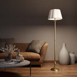 Classic brass floor lamp with fluted stem and pleated ivory fabric shade with decorative trim Petalo collection by Ghidini 1849 - Finish: OBS Bronze Satin Brass