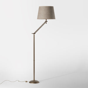 Brass floor lamp with adjustable joints and grey linen fabric shade by Ghidini 1849 - Finish: OAS Antique Brass