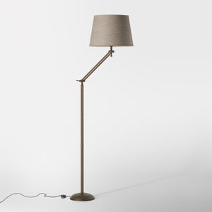 Brass floor lamp with adjustable joints and grey linen fabric shade by Ghidini 1849 - Finish: OBM Bronze Satin Matt Brass