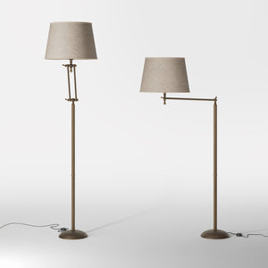 Brass floor lamp with adjustable joints and grey linen fabric shade by Ghidini 1849 - Finish: OBM Bronze Satin Matt Brass