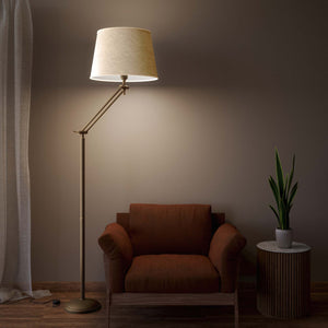 Brass floor lamp with adjustable joints and grey linen fabric shade by Ghidini 1849 - Finish: OBM Bronze Satin Matt Brass