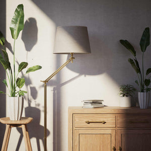 Brass floor lamp with adjustable joints and grey linen fabric shade by Ghidini 1849 - Finish: OBS Bronze Satin Brass