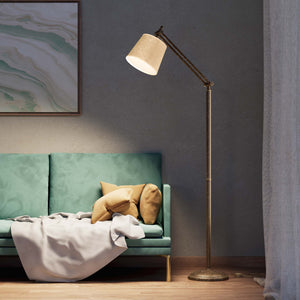 Classic brass floor lamp with ribbed stem, adjustable double joint and grey linen-effect fabric shade Made in Italy by Ghidini 1849 - Finish: OAS Antique Brass