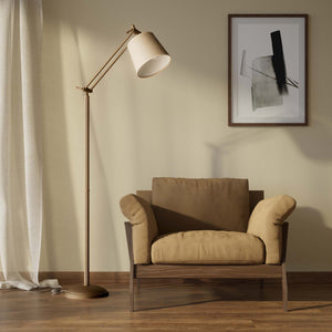 Classic brass floor lamp with ribbed stem, adjustable double joint and grey linen-effect fabric shade Made in Italy by Ghidini 1849 - Finish: OBM Bronze Satin Matt Brass
