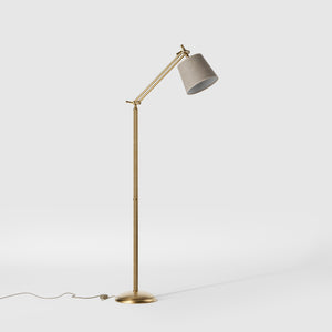 Classic brass floor lamp with ribbed stem, adjustable double joint and grey linen-effect fabric shade Made in Italy by Ghidini 1849 - Finish: OBS Bronze Satin Brass