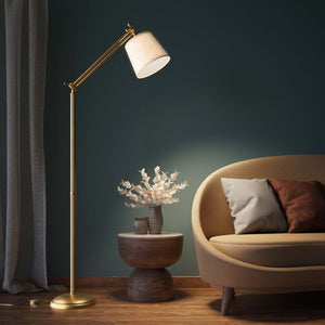 Classic brass floor lamp with ribbed stem, adjustable double joint and grey linen-effect fabric shade Made in Italy by Ghidini 1849 - Finish: OBS Bronze Satin Brass